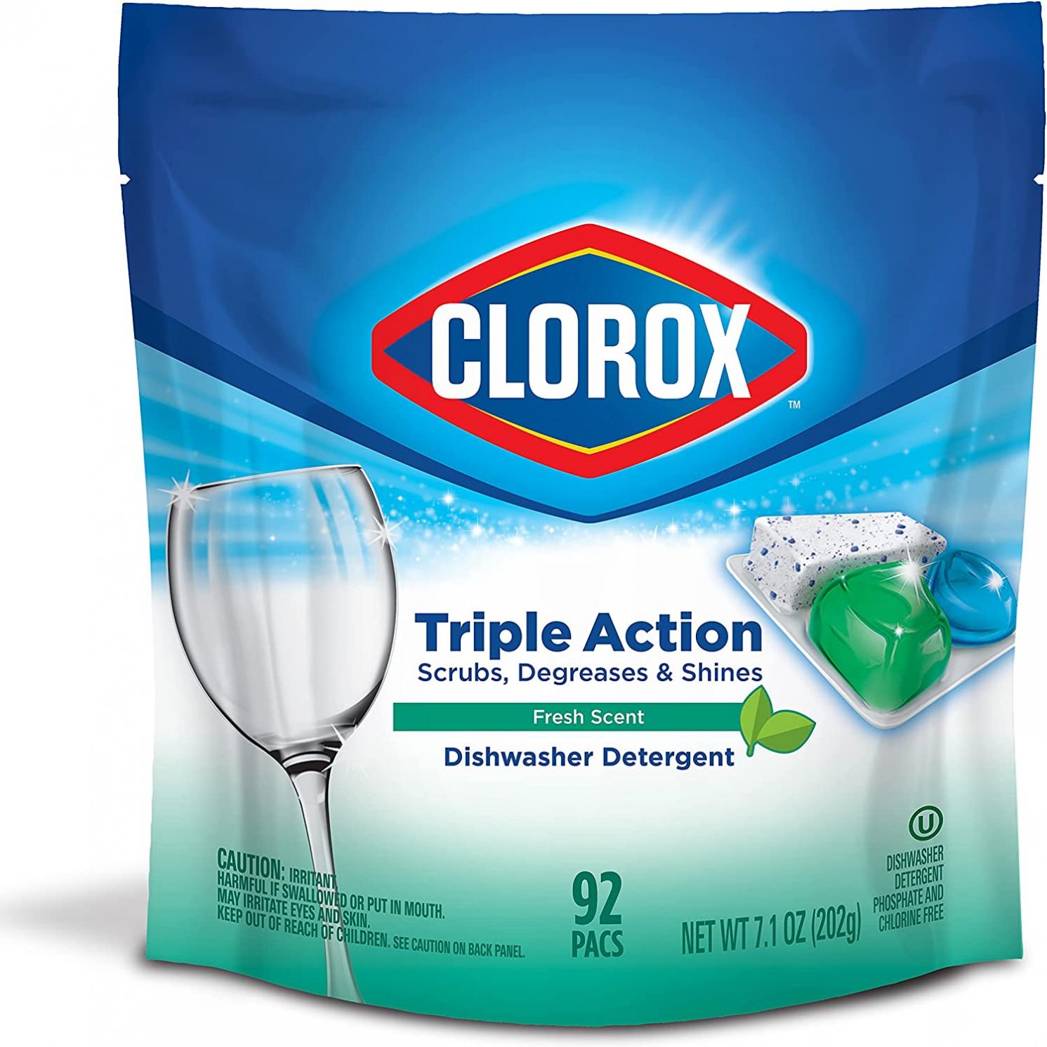 Clorox Triple Action Dishwasher Detergent Pacs, 92 Count Dishwashing Pacs, Fresh Scent