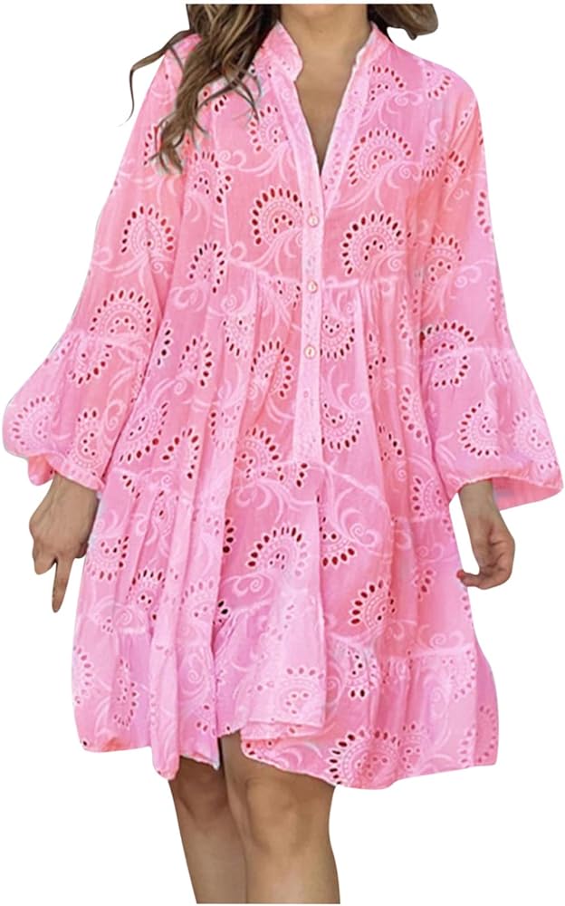TANGNADE Womens Summer Casual Long Sleeve V Neck Smocked Ruffle Hollow Out Mini Dress Cute Beach Graduation Dress