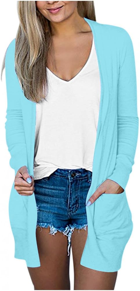 Stessotudo Women Long Sleeve Cardigan Open Front Solid Casual Sweaters Lightweight Loose Fit Soft Fall Cardigans with Pockets