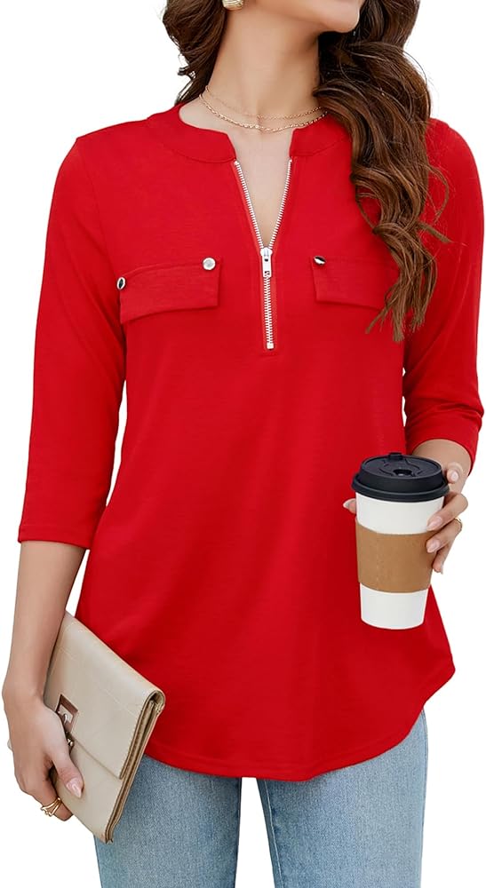 LuckyMore Women's 3/4 Sleeve Zip V Neck Business Casual Dressy Tunic Tops Work Shirts Blouses