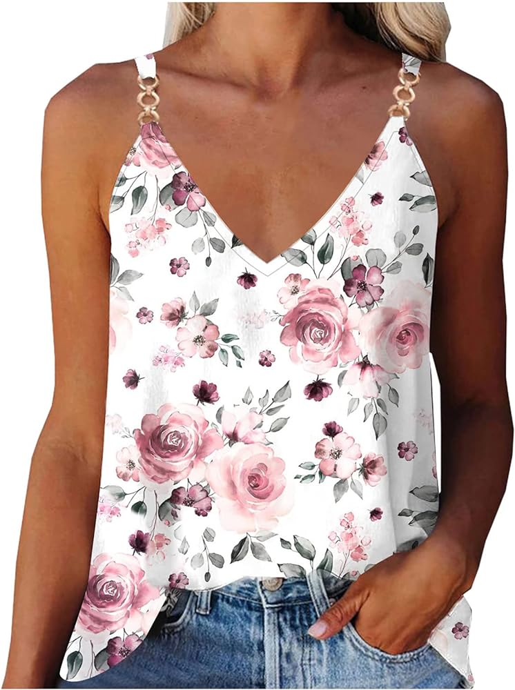 Women Summer Sleeveless Tank Tops Cute Floral Printed Flowy V Neck Cami Tee Shirts Sexy Chain Strap Blouse 2023