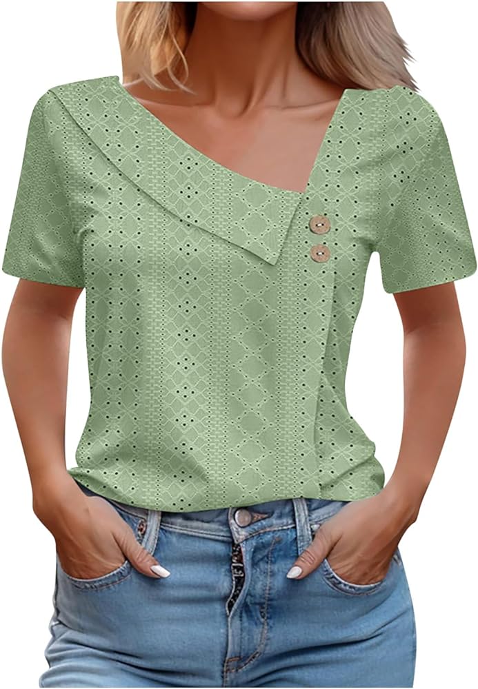 Women Eyelet Boho Blouses Dressy Casual Summer Tops Short Sleeve Tshirts Tee Trendy Ladies Clothes 2024