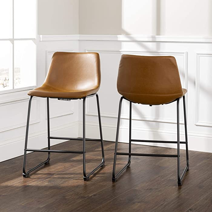 Walker Edison Douglas Urban Industrial Faux Leather Armless Counter Chairs, Set of 2, Whiskey Brown