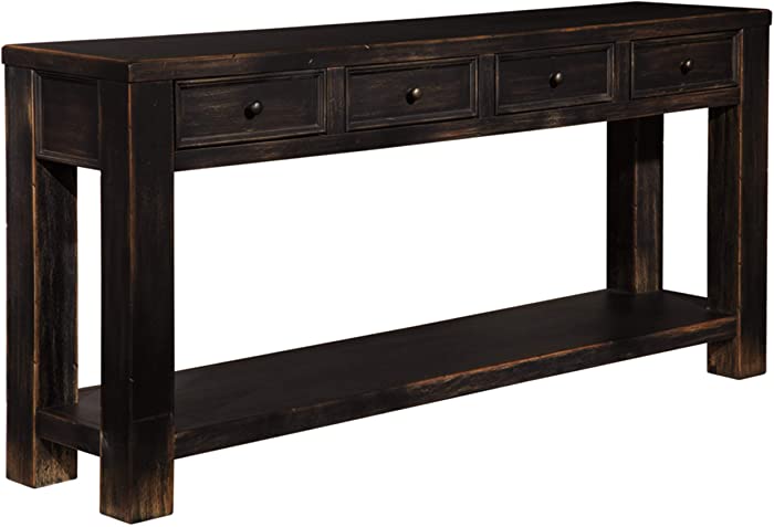 Signature Design by Ashley Gavelston Rustic Sofa Table with 4 Drawers and Lower Shelf, Weathered Black