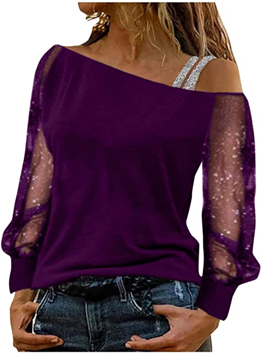 Women Casual Dandelion Printed Long Sleeve Cold Shoulder Tops Sexy Mesh Sheer Boat Neck Loose T-Shirts Jumper Pullover