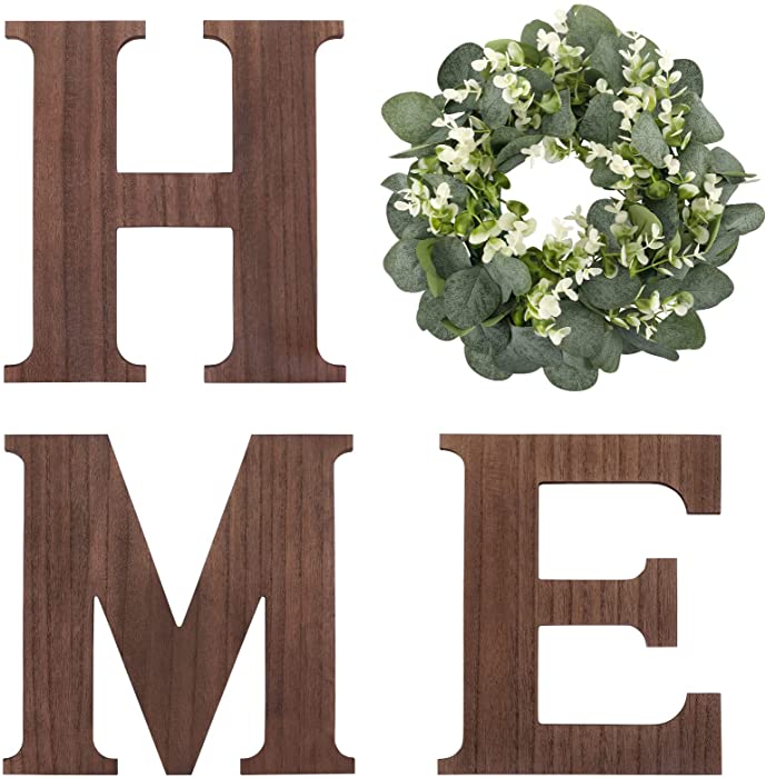 WXBOOM Home Sign Wall Decor Home Letters for Wall with Artificial Eucalyptus Wreath, Rustic Farmhouse Wall Decor Hanging Home Letters Decor for Living Room Entryway Housewarming