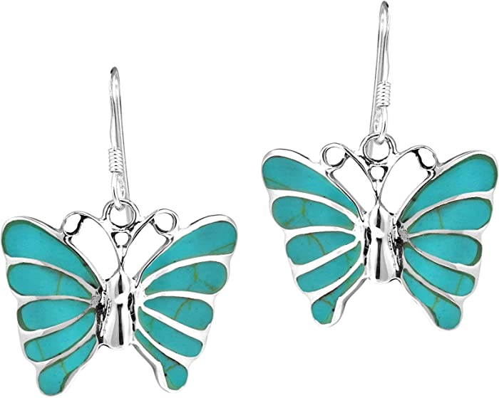 Stunning Butterfly Inlay Simulated Turquoise .925 Sterling Silver Dangle Earrings