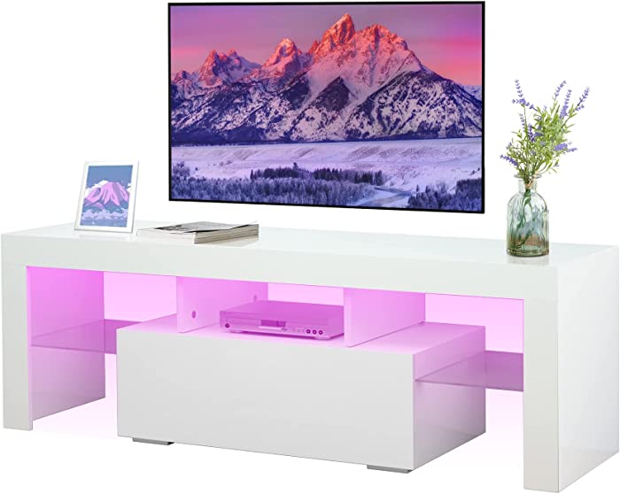 CLIKUUTORY Modern LED TV Stand with Large Storage Drawer for 32 40 50 55 Inch TVs, White Wood TV Console with High Glossy Entertainment Center for Gaming, Movies, Living Room, Bedroom