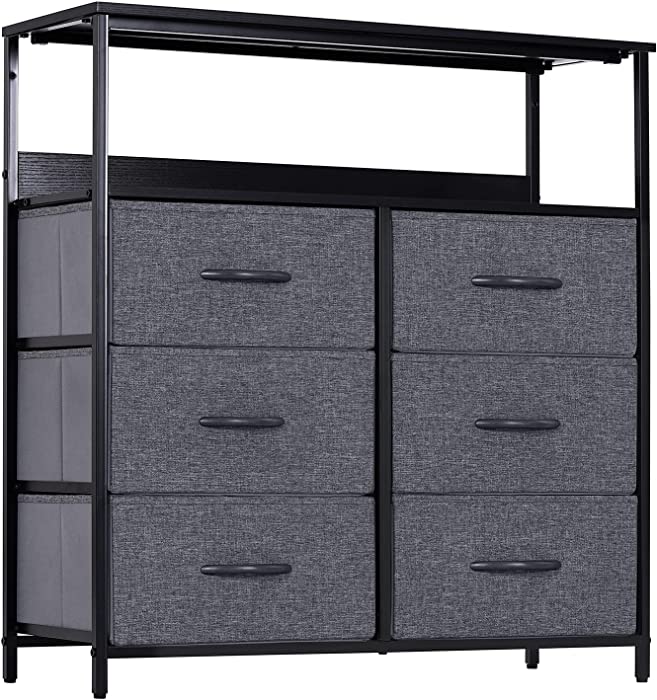 LYNCOHOME Dresser for Bedroom 6 Drawer Dresser with Shelves Fabric Dresser for Closet, Living Room TV Stand Office Sturdy Steel Frame Wooden Top(Gray)