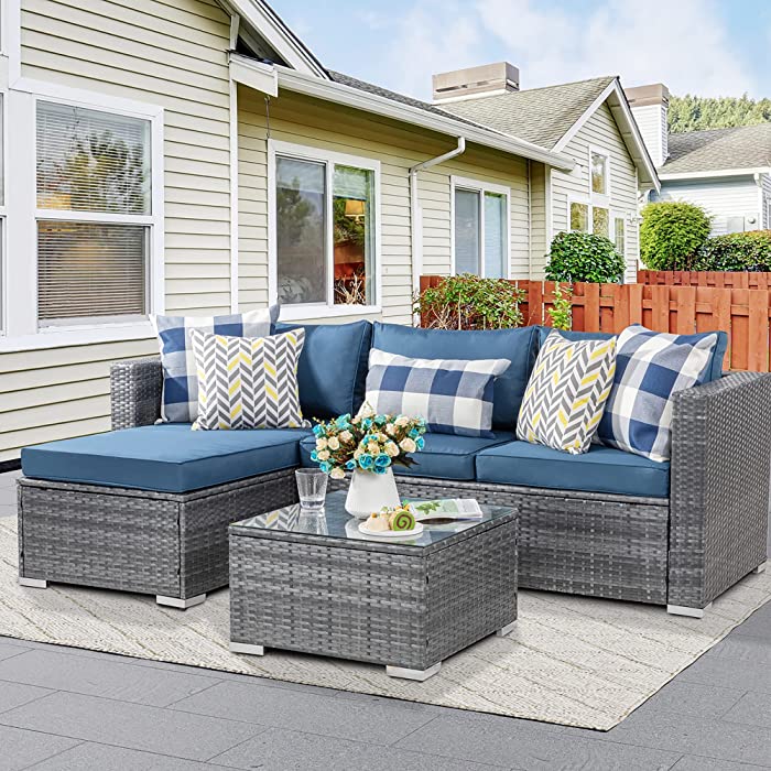 Shintenchi Patio Furniture Sets Outdoor Sectional Sofa Silver All-Weather Rattan Wicker Small Patio Conversation Couch Backyard with Washable Couch Cushion and Glass Table 3 Pieces Aegean Blue