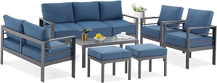 AECOJOY Aluminum Outdoor Furniture Set with Ottomans, 7-Piece Garden Aluminum Conversation Set, Patio Sectional Sofa Set with Removable Cushions and Coffee Table for Balcony, Garden, Blue