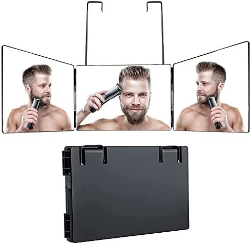 Rechargeable 3 Way Trifold Mirror with Light, 360° Barber Mirror for Self Hair Cutting, Hair Styling, Shaving, Grooming, Dye Hair and Makeup, Light and Height Adjustable (Black)
