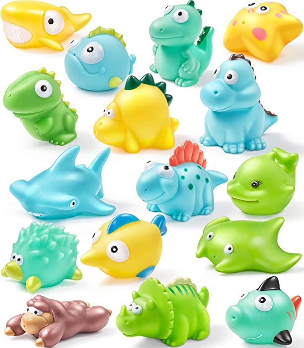 Geyiie Baby Bath Toys for Toddlers - 16PCS Soft Cute Sea Animal & Dinosaur Bathtub Squirt Toys- Water Sprinkler Squirters with Bath Toy Organizer- Gift for 3 Years Old Kids Boys Girls