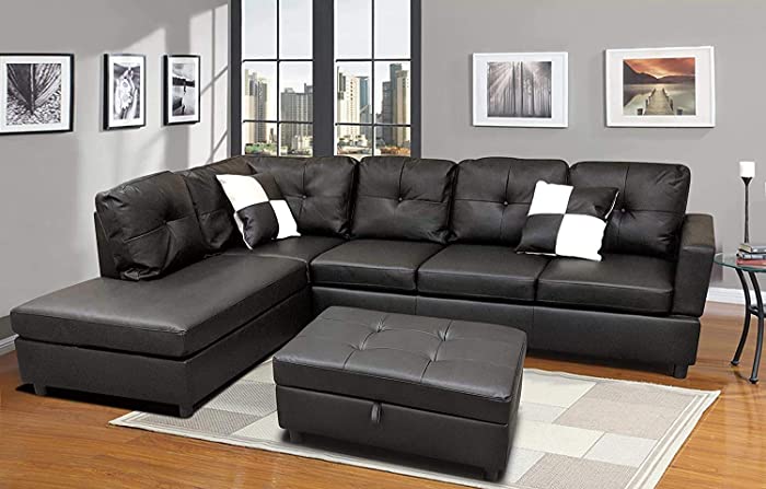 Sectional Sofa, L-Shape Faux Leather Sectional Sofa Couch Set with Chaise, Ottoman, 2 Toss Pillow Using for Living Room Furniture.（Black）