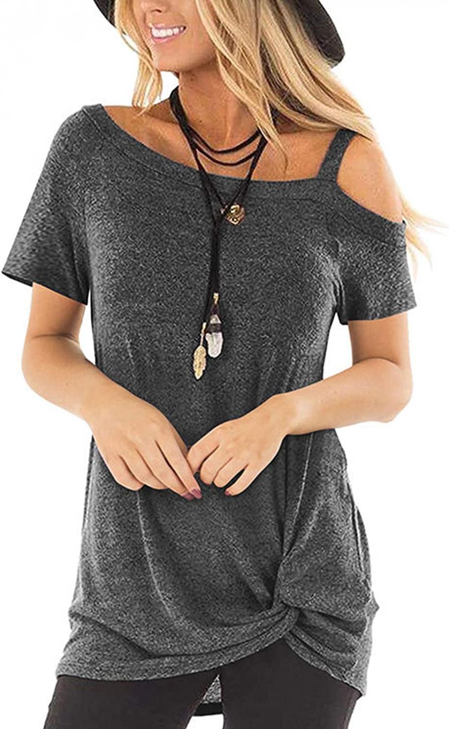 TEMOFON Women's Shirts Cold Shoulder Tops Summer Short Sleeve Casual Twist Knot Blouse T-Shirt S-2XL
