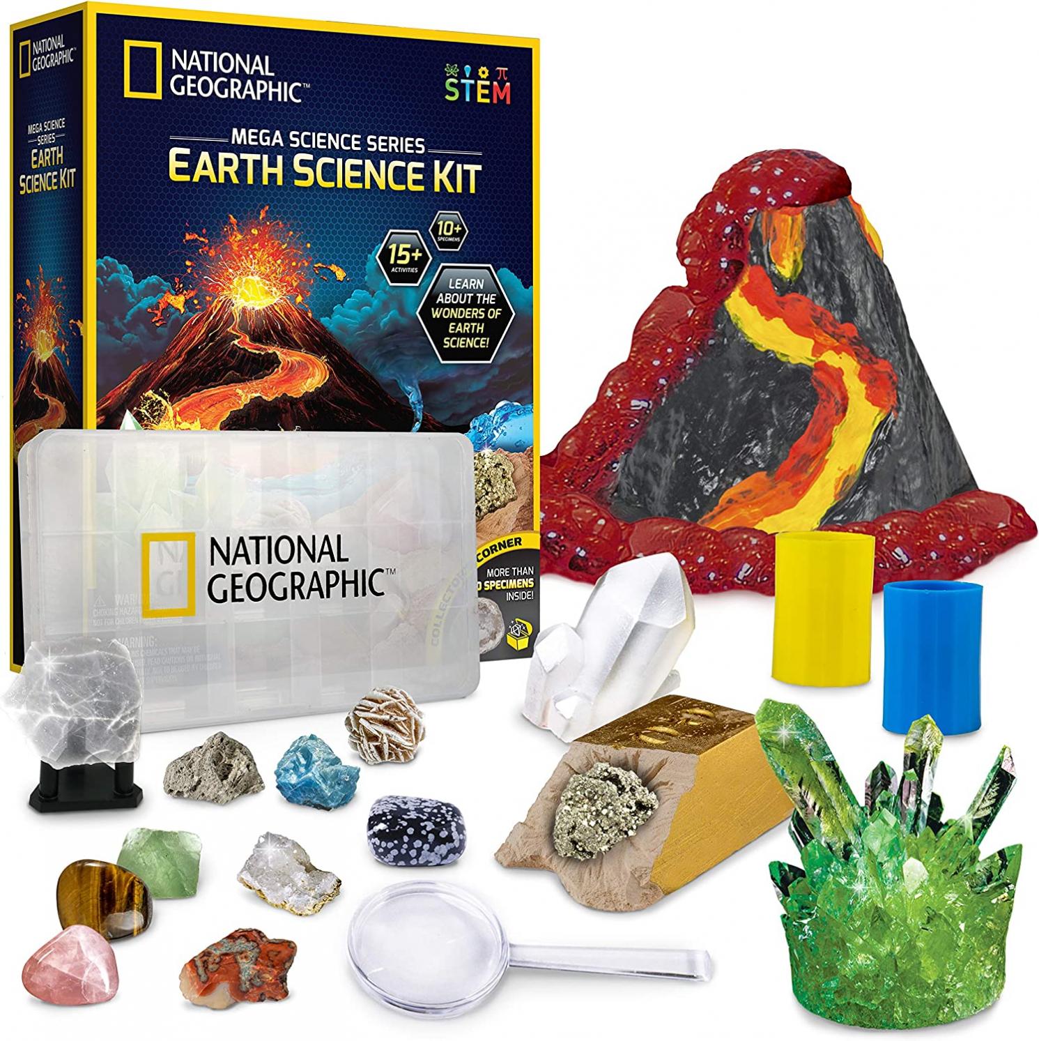 NATIONAL GEOGRAPHIC Earth Science Kit - Over 15 Science Experiments & STEM Activities for Kids, Crystal Growing, Erupting Volcanos, 2 Dig Kits & 10 Genuine Specimens, a Great STEM Science Kit