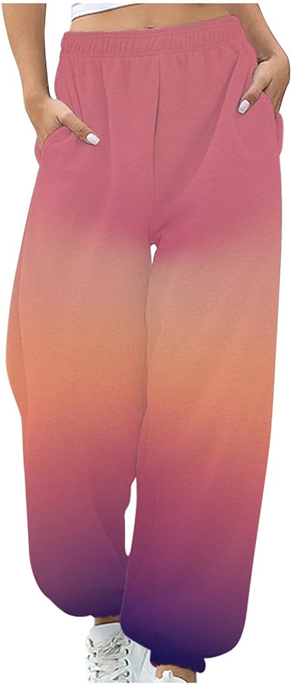 DOLKFU Women's High Elastic Waist Sweatpants Gradient Graphic Joggers Pants Wide Leg Trendy Pants with Pockets