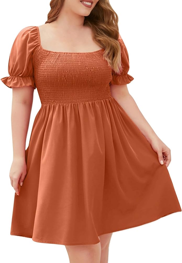 Womens Summer Dresses Plus Size Smocked Elastic High Waist Ruffle Short Sleeve Solid Beach Sundress Classiac Mini Dress