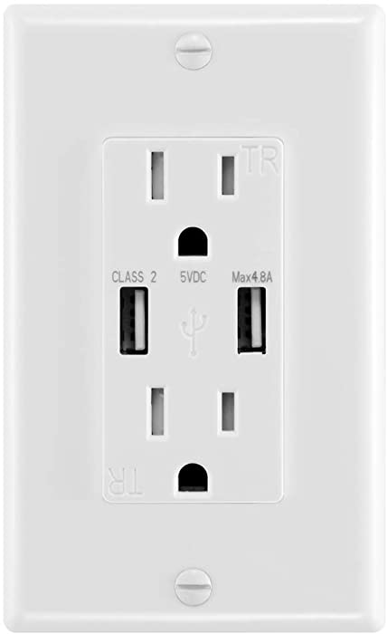 ANTEER 4.8A USB Wall Outlet Fast Charge - Dual High-Speed Charger Electrical Outlets - ETL Listed Duplex 15A Tamper Resistant Socket USB Outlets Receptacle（White,1-Pack/Wall Plate）