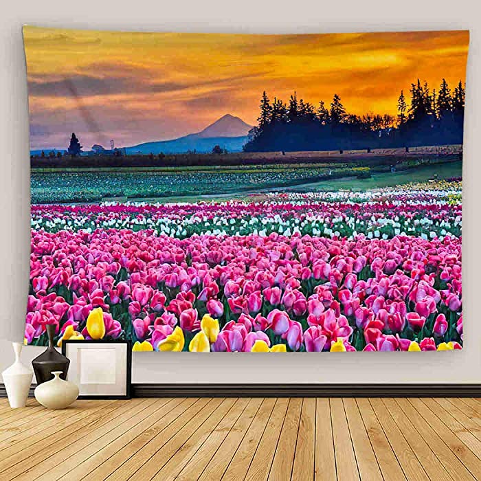 Uoopati Oregon Tapestry Wall Hanging Landscape Sunrise and Mt Hood at Tulip Fields Near Woodburn Wall Art Tapestries Tapestry for Bedroom Room Decor Picnic Mat Beach Bed Cover 60"x80"