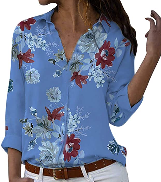 Women Fashion Leopard Long Sleeve Button Down Shirt Floral Print Casual Blouse Tops Basic Loose Fit Tunic Shirts