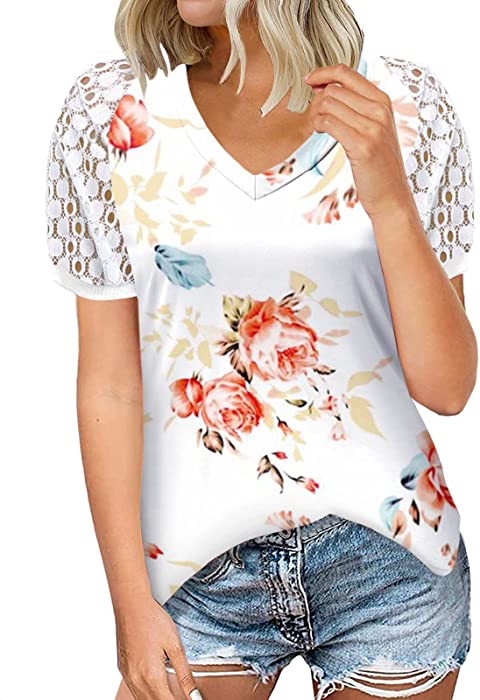 Summer Tops Womens 2022 Fashion Short Sleeve V Neck Lace Waffle Knit Shirts Loose Casual Tops Tee Blouses