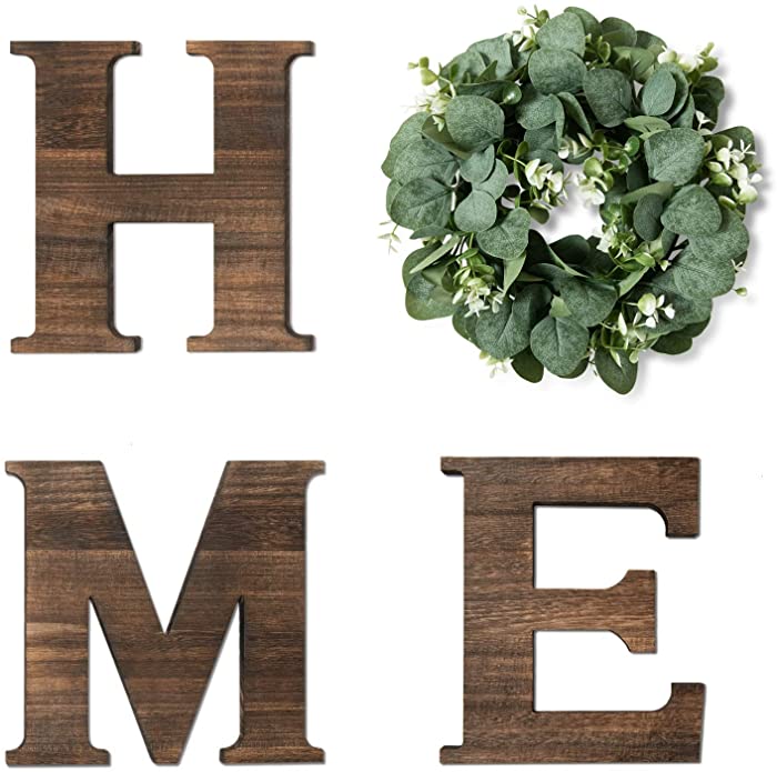 Yoleshy Wooden Home Sign with Artificial Eucalyptus Wreath for O, 9.8'' Home Letters with Wreath for Wall Hanging Decor, Rustic Wall Letters Decor for Living Room, Entry Way, Kitchen, Etc (Brown)