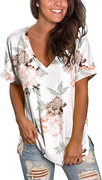 SAMPEEL Womens Summer Tops Floral Short Sleeve V Neck T Shirts Tee Printed Side Split Tunic