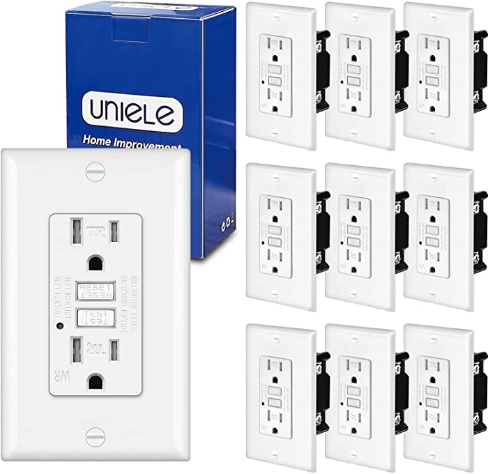 (10 Pack) UNIELE 15 Amp GFCI Outlet, Tamper-Resistant(TR) GFI Receptacle with LED Indicator, Decorator Wallplate Included, White