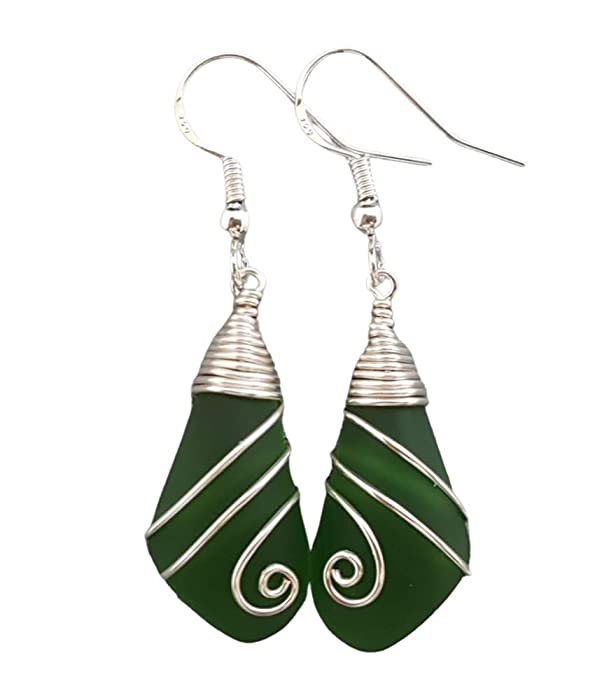 Handmade jewelry from Hawaii, wire swirls Emerald sea glass earrings,"May Birthstone", (Hawaii Gift Wrapped, Customizable Gift Message)