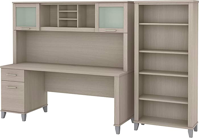 Bush Furniture Somerset Office Desk with Hutch and 5 Shelf Bookcase, 72W, Sand Oak