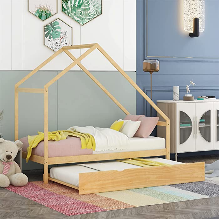 House Bed with Trundle Twin Montessori Beds for Kids, Wood Daybed Frame Bedroom Furniture for Girls Boys, Natural