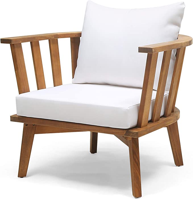 Christopher Knight Home 309123 Dean Outdoor Wooden Club Chair with Cushions, White and Teak Finish