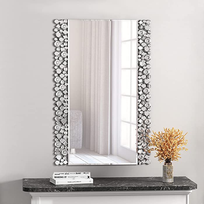 MUAUSU Decorative Rectangle Wall Mirror - Large Accent Mirrors,24" x 36" Gorgeous Mosaic Frame Silver Mirror for Bedroom Living Room Bathroom Entryway