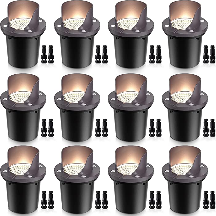 SUNVIE 12 Pack Low Voltage Landscape Lights 12W LED Outdoor In-Ground Lights Waterproof Shielded Well Lights 12V-24V Warm White Paver Lights with Wire Connectors for Pathway Garden Yard Fence Deck