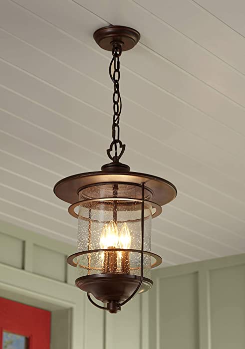 Casa Mirada Rustic Farmhouse Outdoor Ceiling Light Bronze 19" Clear Seedy Glass Cylinder Shade Damp Rated for Exterior House Porch Patio Outside Deck Garage Garden Home Roof - Franklin Iron Works