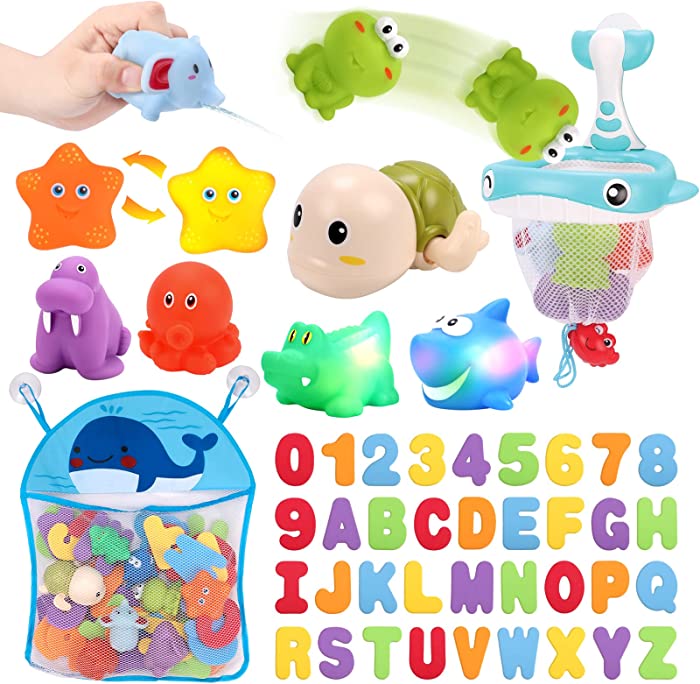 KaeKid Baby Bath Toys, 36 Foam Bath Letters & Numbers, Light up Bathtub Toys, Water Spray & Squeeze Bath Set with Fishing Net & Organizer Bag, Bath Water Toys for Kids Toddlers Gifts 1-6 Years Old