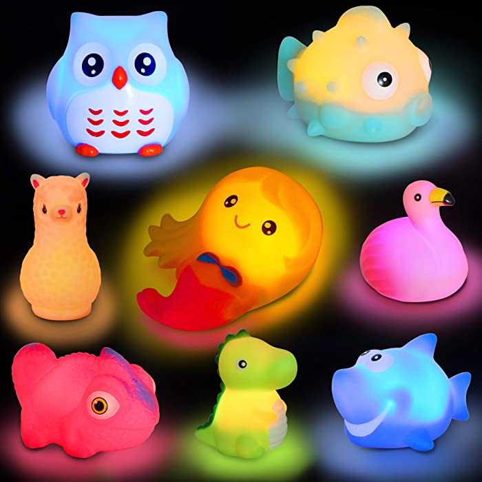 yoliyogo Animal Toy Bath Floating Toy with Auto Flashing Early Learning Toy Package with 8 Pcs Dinosaur Shark Flamingo Mermaid Etc Bathtub Shower Toy Gift for Kids&Pets