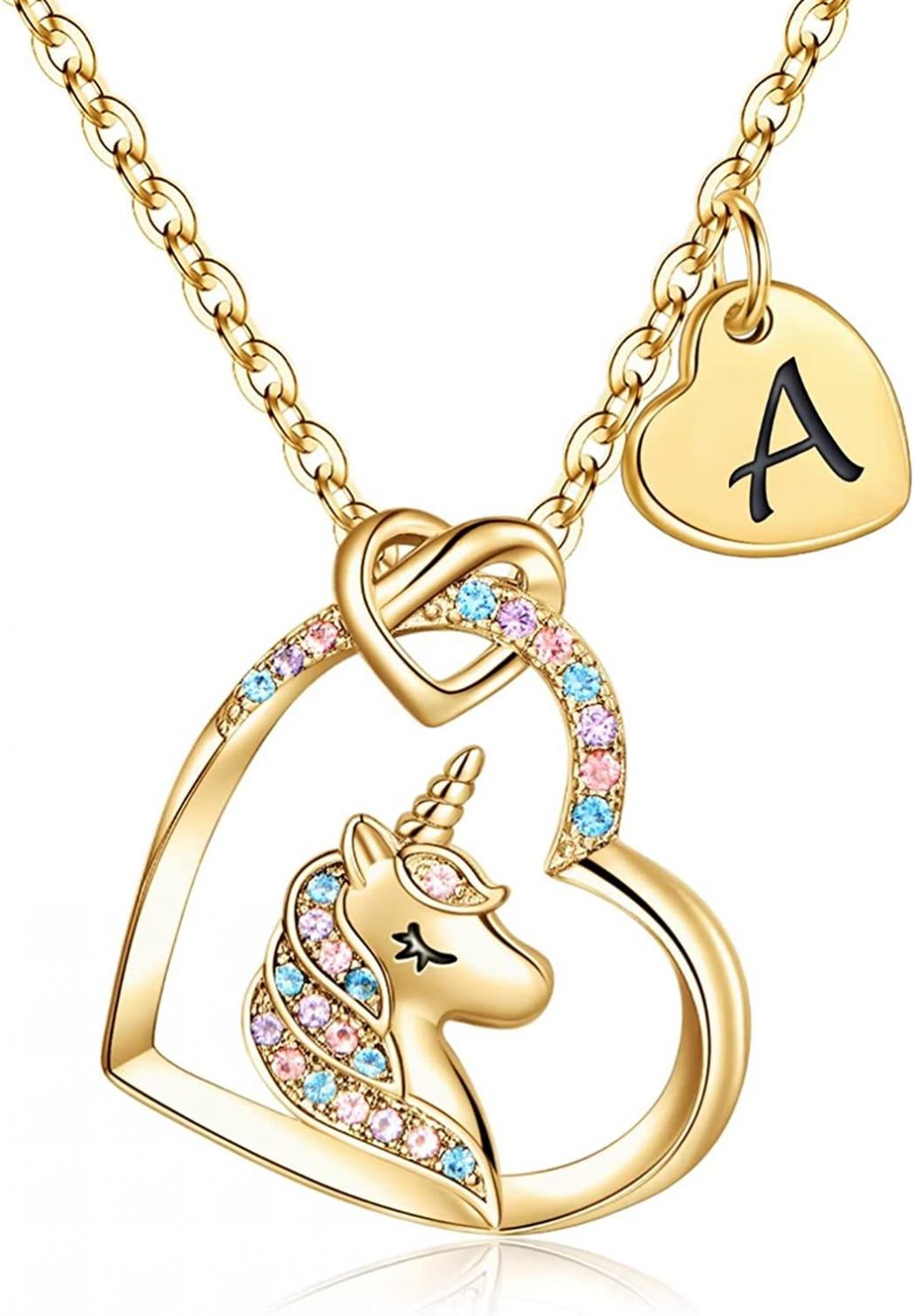 Unicorns Gifts for Girls, 14K Gold/White Gold/Rose Gold Plated Colorful CZ Heart Pendant Unicorn Necklaces for Girls Women Letter Initial Unicorn Necklace Jewelry Unicorn Gifts for Girls Women
