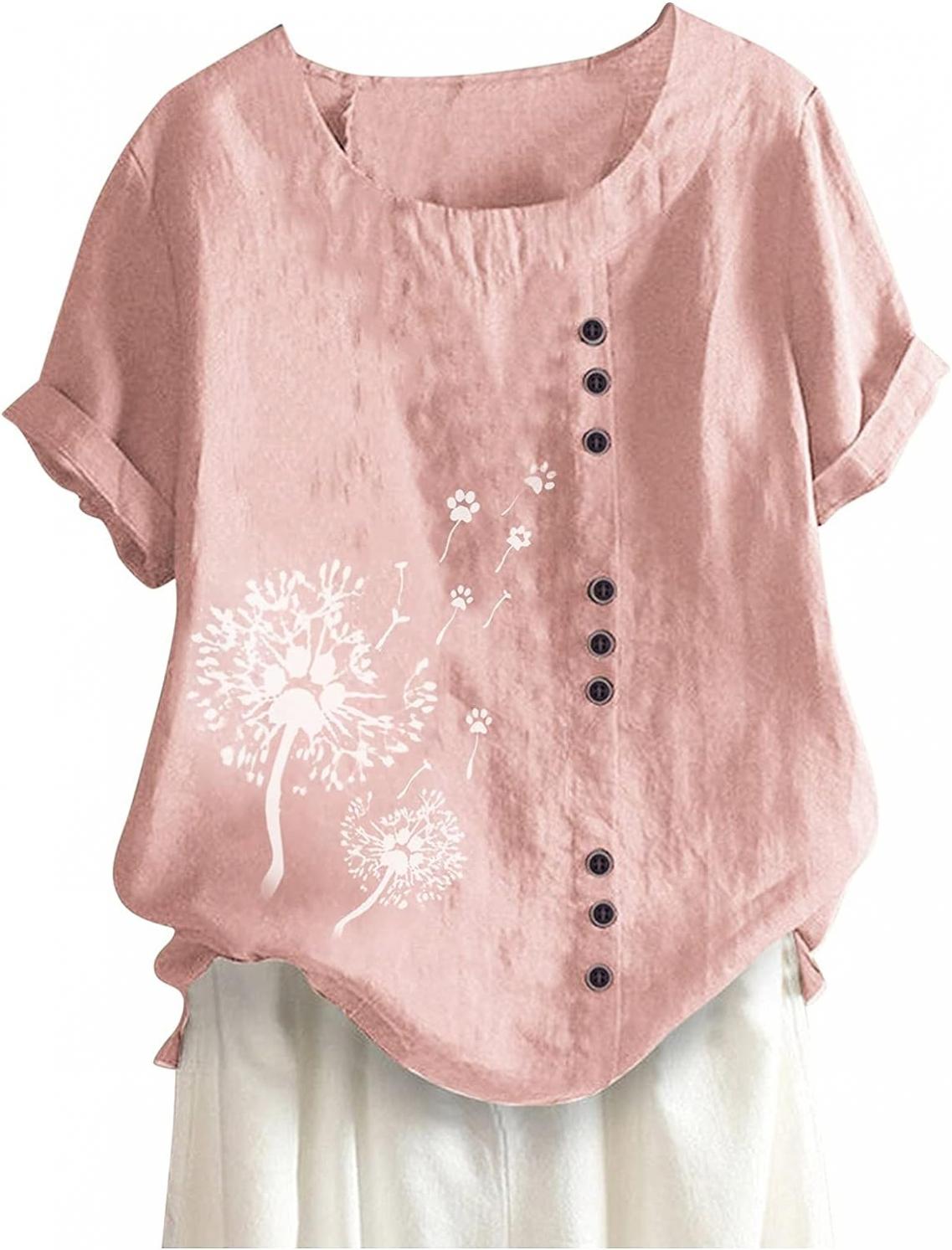 Cotton Linen Tops for Women 3/4 Sleeve Shirts Graphic Print Crewneck Vintage Blouse Tees Tshirts Tops Plus Size