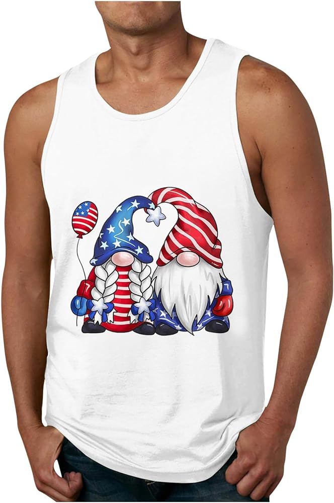 Mens Fashion 2024 Independence Day Print Camisole Casual Sleeveless Beach Shirts Summer Sport Vest Basic O-Neck Tees