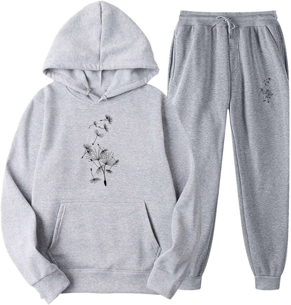 Stessotudo Women Trendy Sweatsuits Dandelion Print 2 Piece Outfits Long Sleeve Hoodie Athletic Sweatpants Plus Size Pant Sets