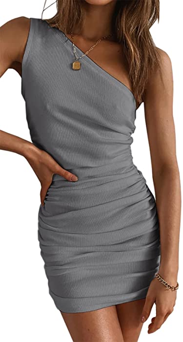 Women for Ruched Bodycon One Shoulder Sleeveless Mini Dress Summer Dresses Cocktail Tank Party Club