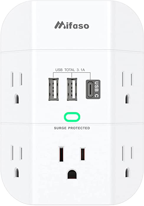 Wall Surge Protector Outlet Extender - 5 Outlet Splitter (3 Side) and 3 USB Charger(1 USB C), 1800 Joules Multi Plug Outlet Wall USB Outlet Spaced Adapter