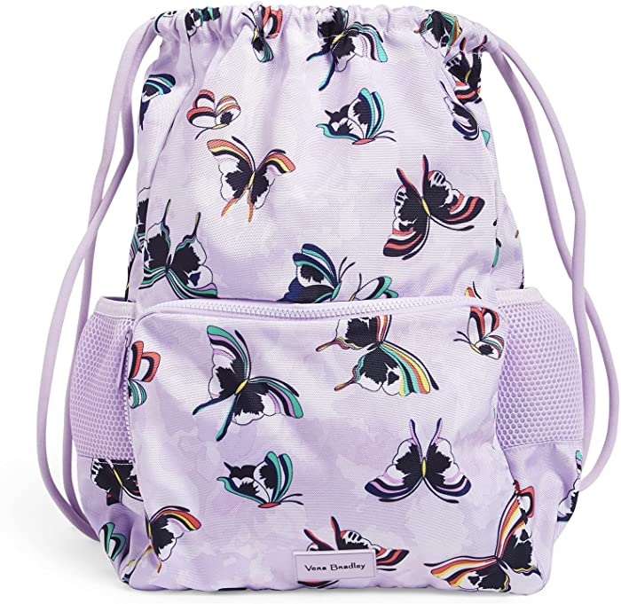 Vera Bradley womens Recycled Lighten Up Reactive Deluxe Drawstring Backsack Backpack Bookbag, Lavender Butterflies, One Size US
