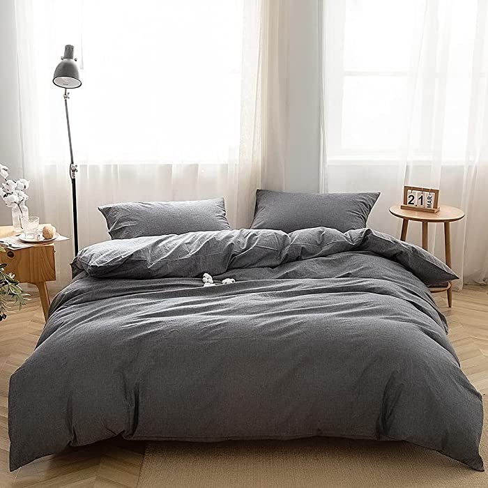 FACE TWO FACE 3-Piece Duvet Cover Queen,100% Washed Cotton Duvet Cover,Ultra Soft and Easy Care,Simple Style Bedding Set (Queen, Gray)