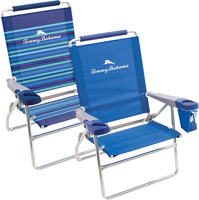 Set of 2 Tommy Bahama Highboy 4 Position Beach Chairs 15 Inch Seat Height with Cupholder, Side Storage Pouch and Mobile Phone Holder