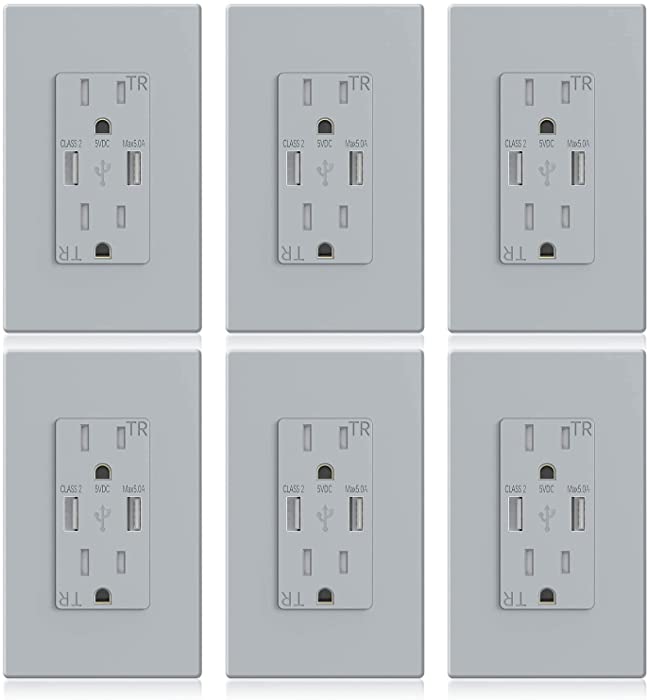 AllEasy USB Wall Outlet 5.0A, Duplex 15Amp Tamper Resistant Receptacles with 5.0A High Speed Dual USB Charging Port, Wall Plate Included, 6-Pack, Gray