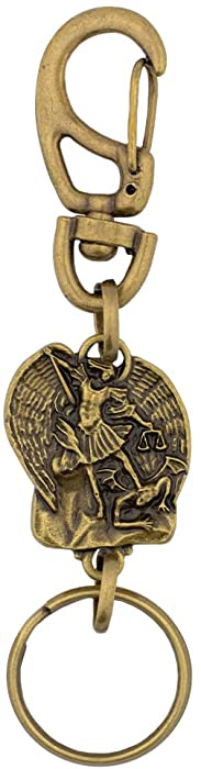 Saint Michael the Archangel Keychain | Clip and Keyring | Patron Saint of Military, Police, and Grocery Workers | Distressed Gold-Tone Metal | Great Catholic Gift for First Communion and Confirmation
