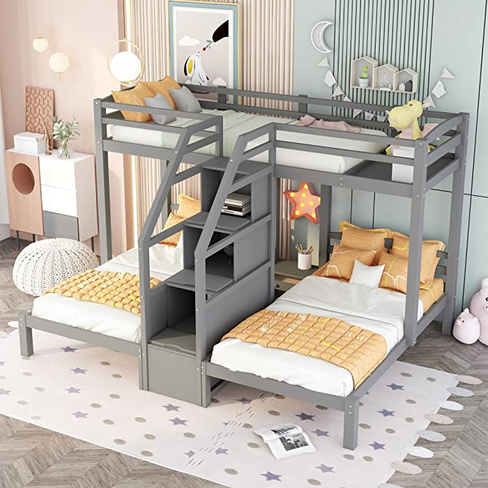 Triple Bunk Bed Twin Over Twin & Twin Bunk Bed with 3 Storage Staircase,Triple Bunk Bed for Kids,Triple Bunk Bed with Storage Stairs,Bedroom Furniture Pinewood Bed Frame (Staircase+Gray)